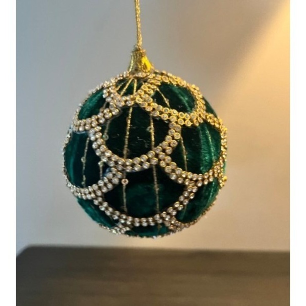 RAZ Imports Green Velvet Rhinestone Jeweled Christmas Ball Ornament 4"
